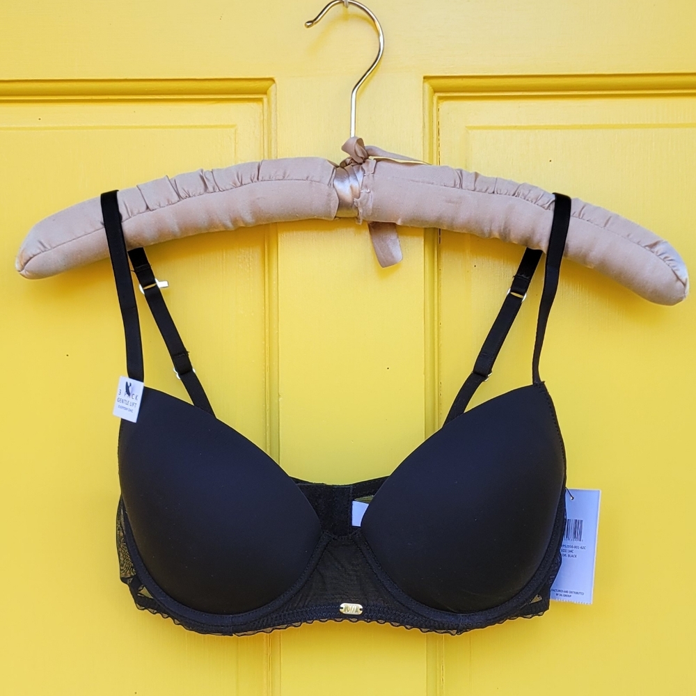 NWT Jason Wu Black Smooth Cup Plunge Bra 34C Gold Logo Hardware